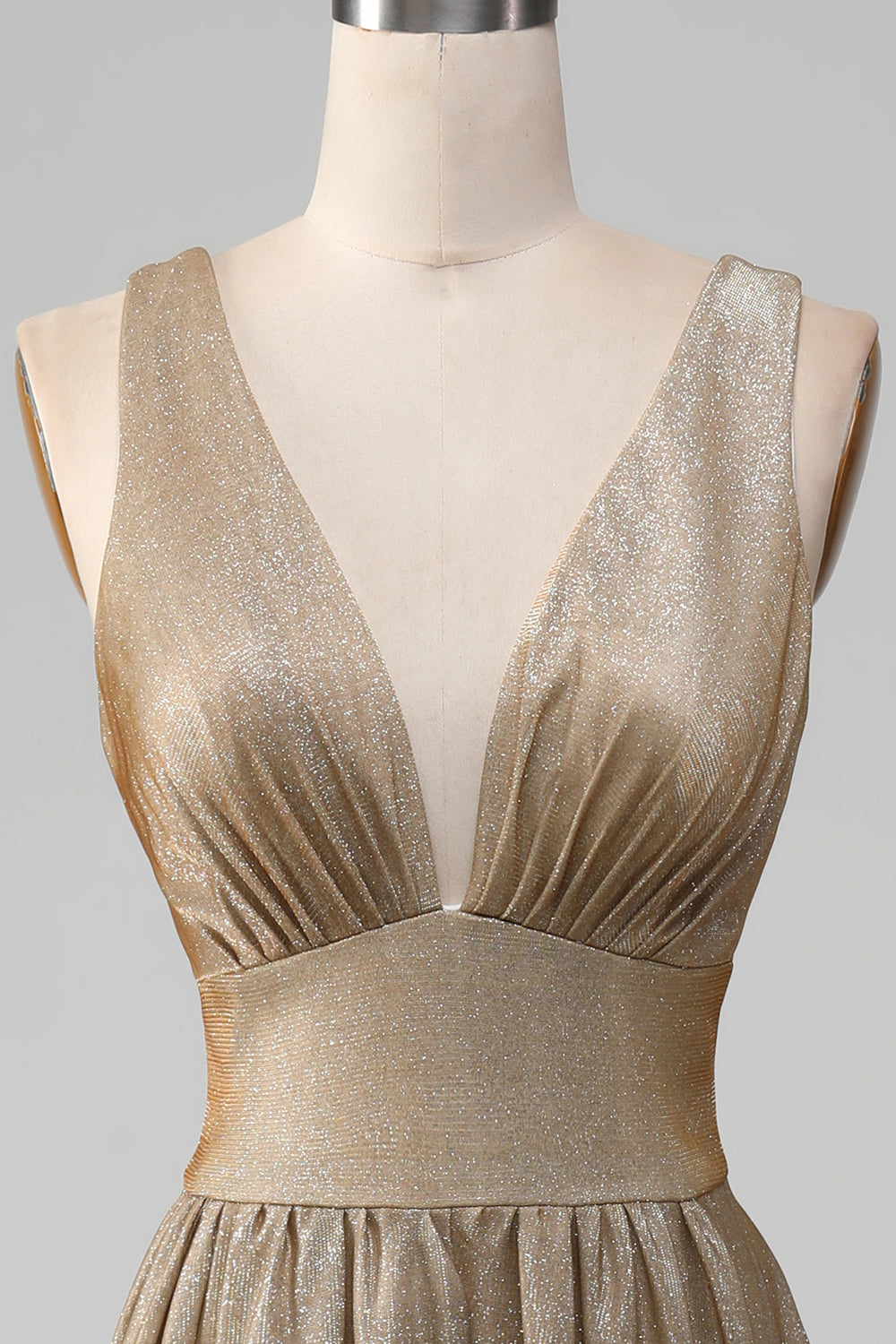 Glitter A-Line V-Neck Pleated Golden Ball Dress with Slit