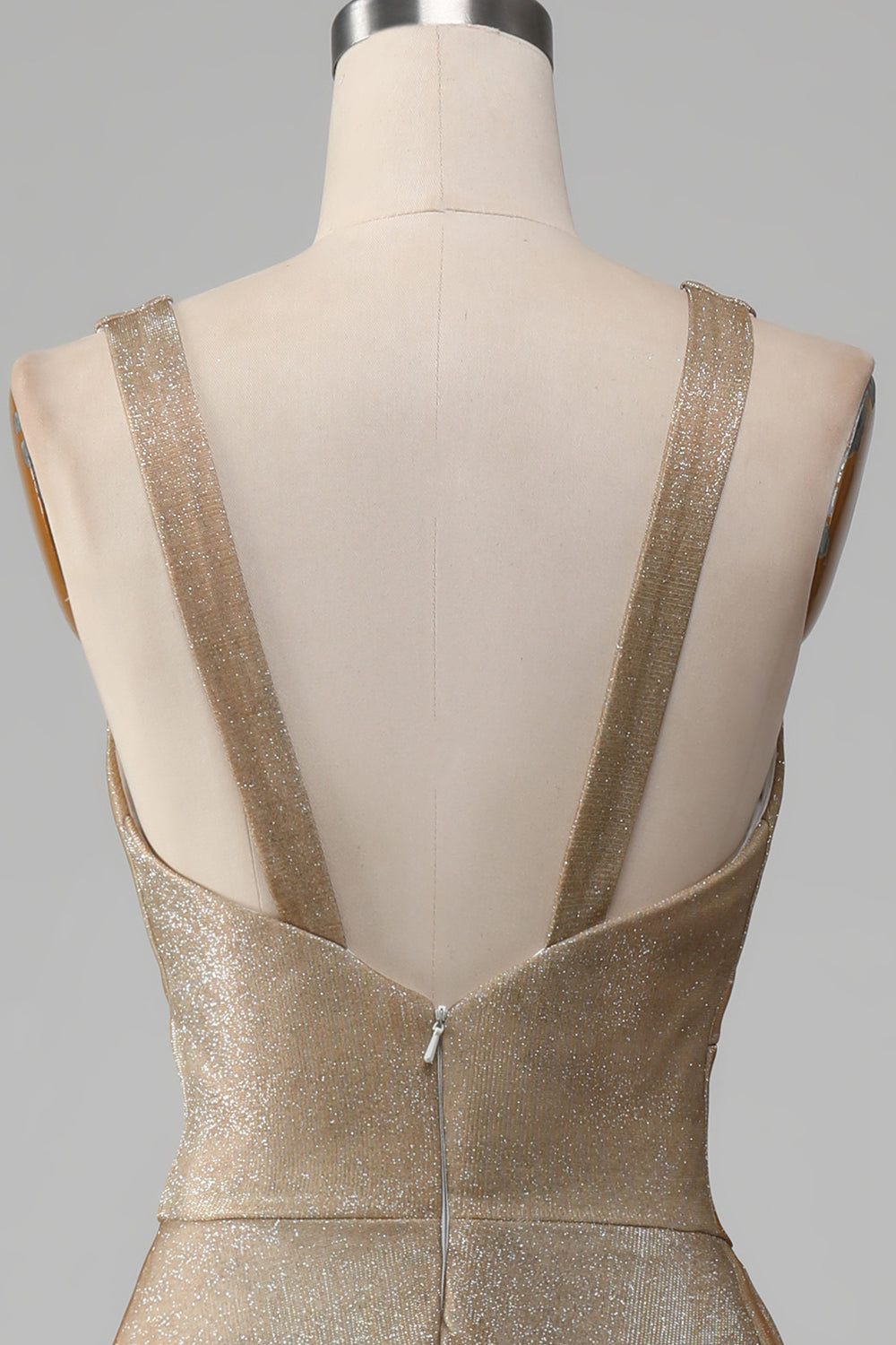 Glitter A-Line V-Neck Pleated Golden Ball Dress with Slit