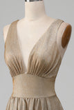 Glitter A-Line V-Neck Pleated Golden Ball Dress with Slit