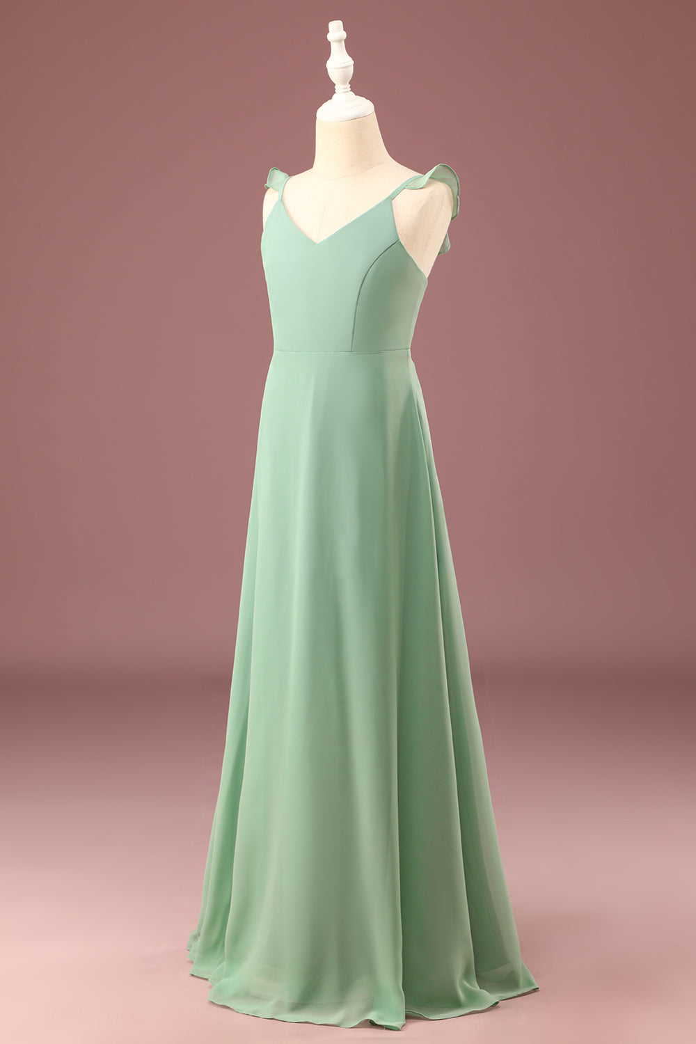 Matcha A-line V-Neck Spaghetti Straps Long Chiffon Junior Bridesmaid Dress