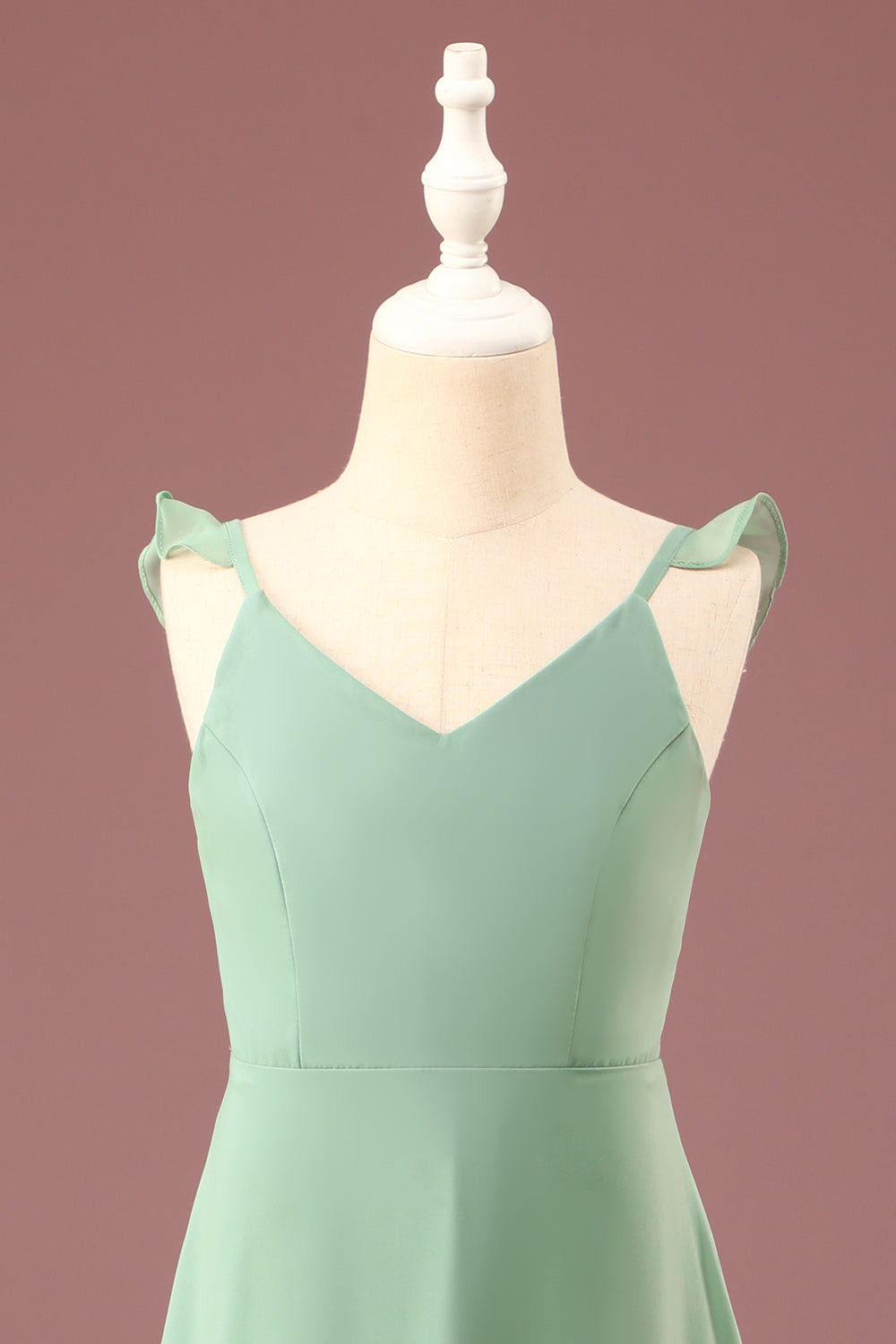 Matcha A-line V-Neck Spaghetti Straps Long Chiffon Junior Bridesmaid Dress