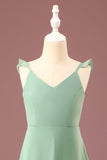 Matcha A-line V-Neck Spaghetti Straps Long Chiffon Junior Bridesmaid Dress