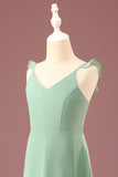 Matcha A-line V-Neck Spaghetti Straps Long Chiffon Junior Bridesmaid Dress