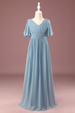 A-line Chiffon V-Neck Floor Length Short Sleeves Junior Bridesmaid Dress