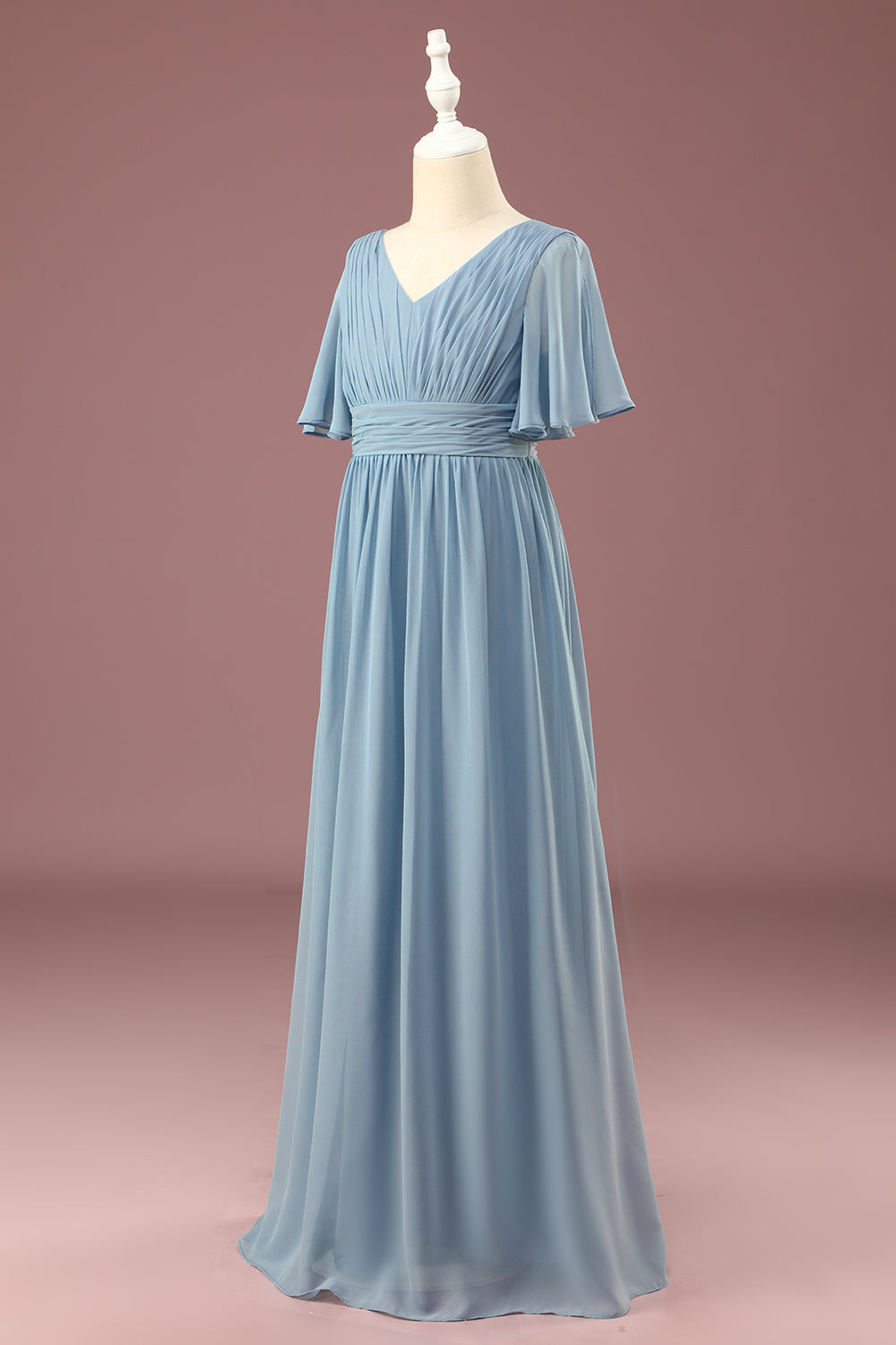 A-line Chiffon V-Neck Floor Length Short Sleeves Junior Bridesmaid Dress