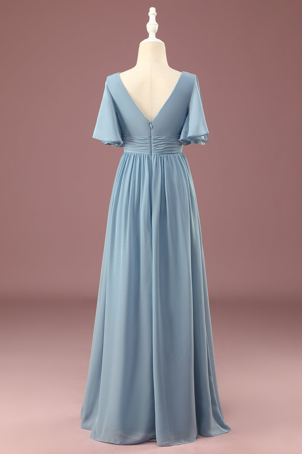 A-line Chiffon V-Neck Floor Length Short Sleeves Junior Bridesmaid Dress