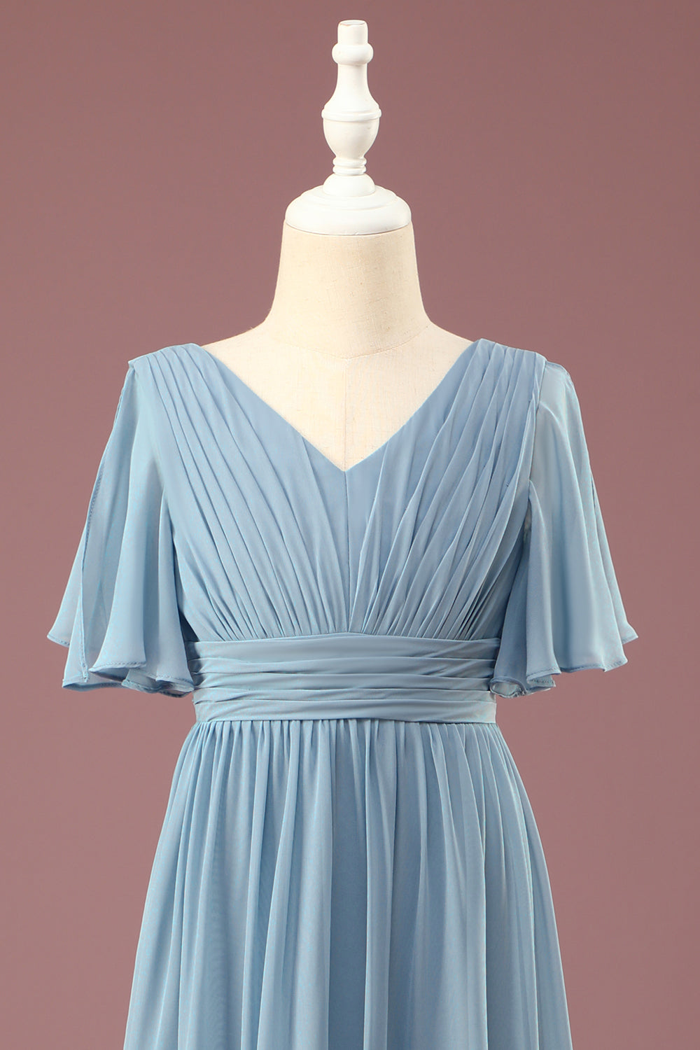 A-line Chiffon V-Neck Floor Length Short Sleeves Junior Bridesmaid Dress