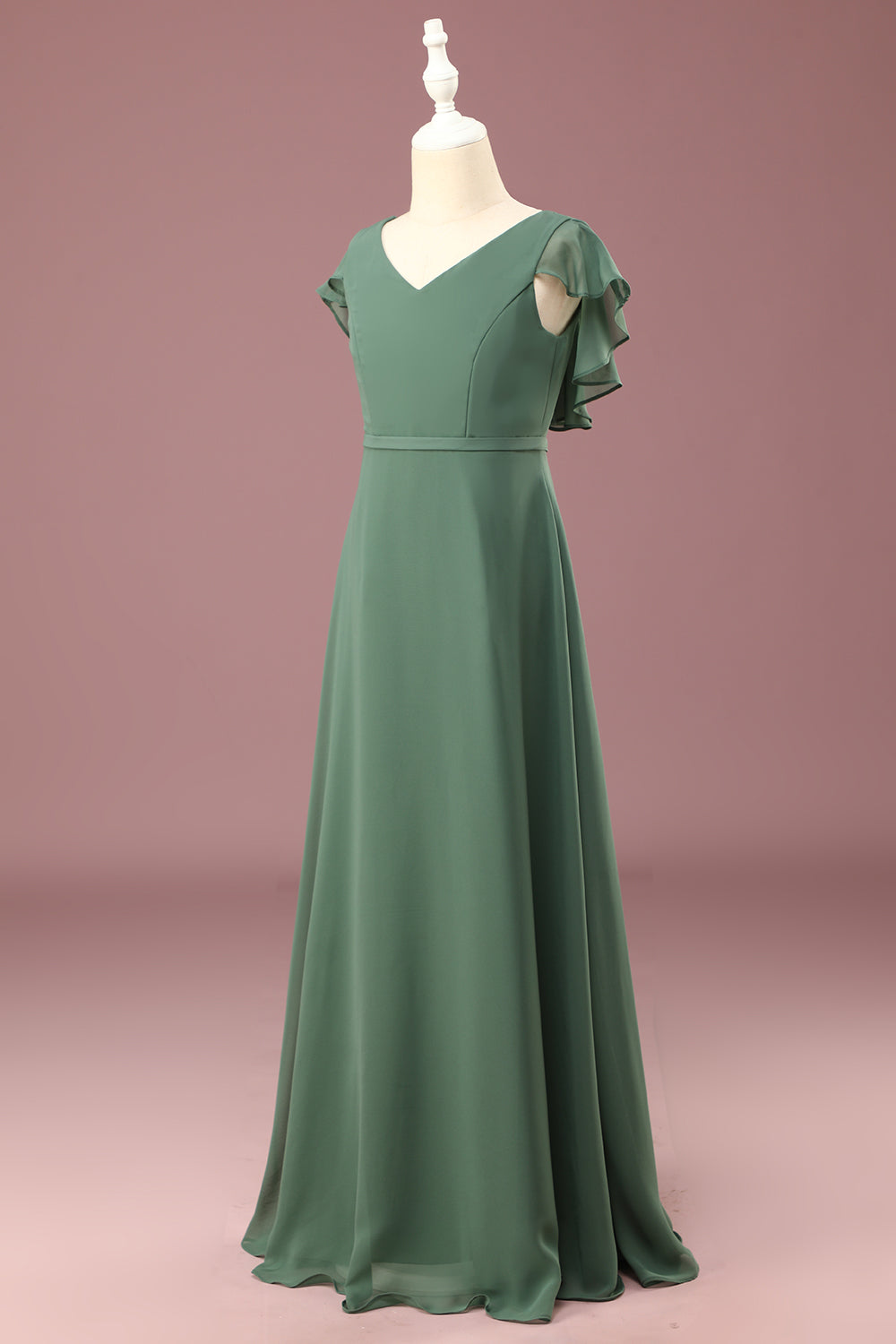 Eucalyptus A-line Long Cap Sleeve Chiffon Junior Bridesmaid Dress