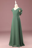 Eucalyptus A-line Long Cap Sleeve Chiffon Junior Bridesmaid Dress