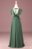 Eucalyptus A-line Long Cap Sleeve Chiffon Junior Bridesmaid Dress