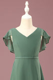 Eucalyptus A-line Long Cap Sleeve Chiffon Junior Bridesmaid Dress