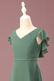 Eucalyptus A-line Long Cap Sleeve Chiffon Junior Bridesmaid Dress