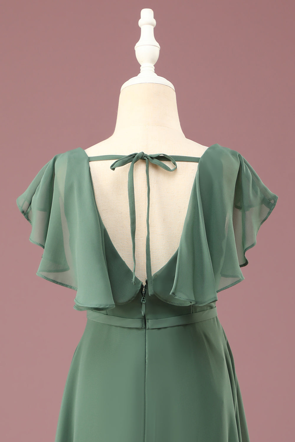 Eucalyptus A-line Long Cap Sleeve Chiffon Junior Bridesmaid Dress