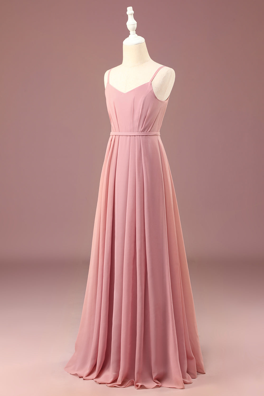 Dusty Rose A-line Spaghetti Straps Long Pleated Chiffon Junior Bridesmaid Dress