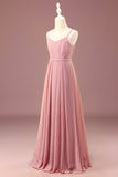Dusty Rose A-line Spaghetti Straps Long Pleated Chiffon Junior Bridesmaid Dress