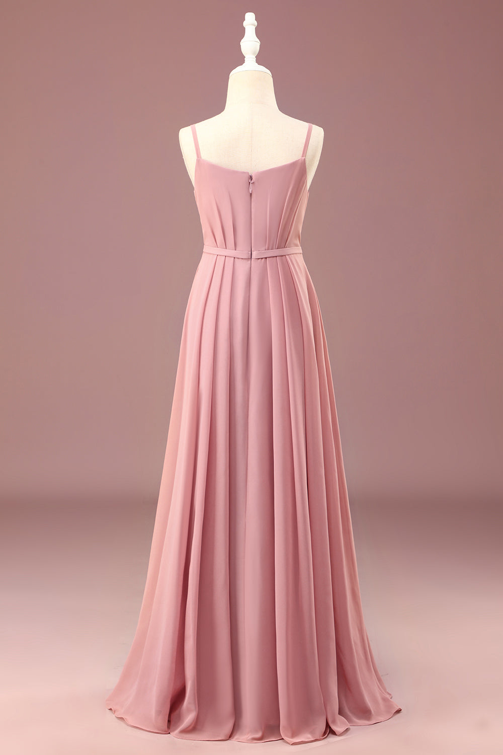 Dusty Rose A-line Spaghetti Straps Long Pleated Chiffon Junior Bridesmaid Dress