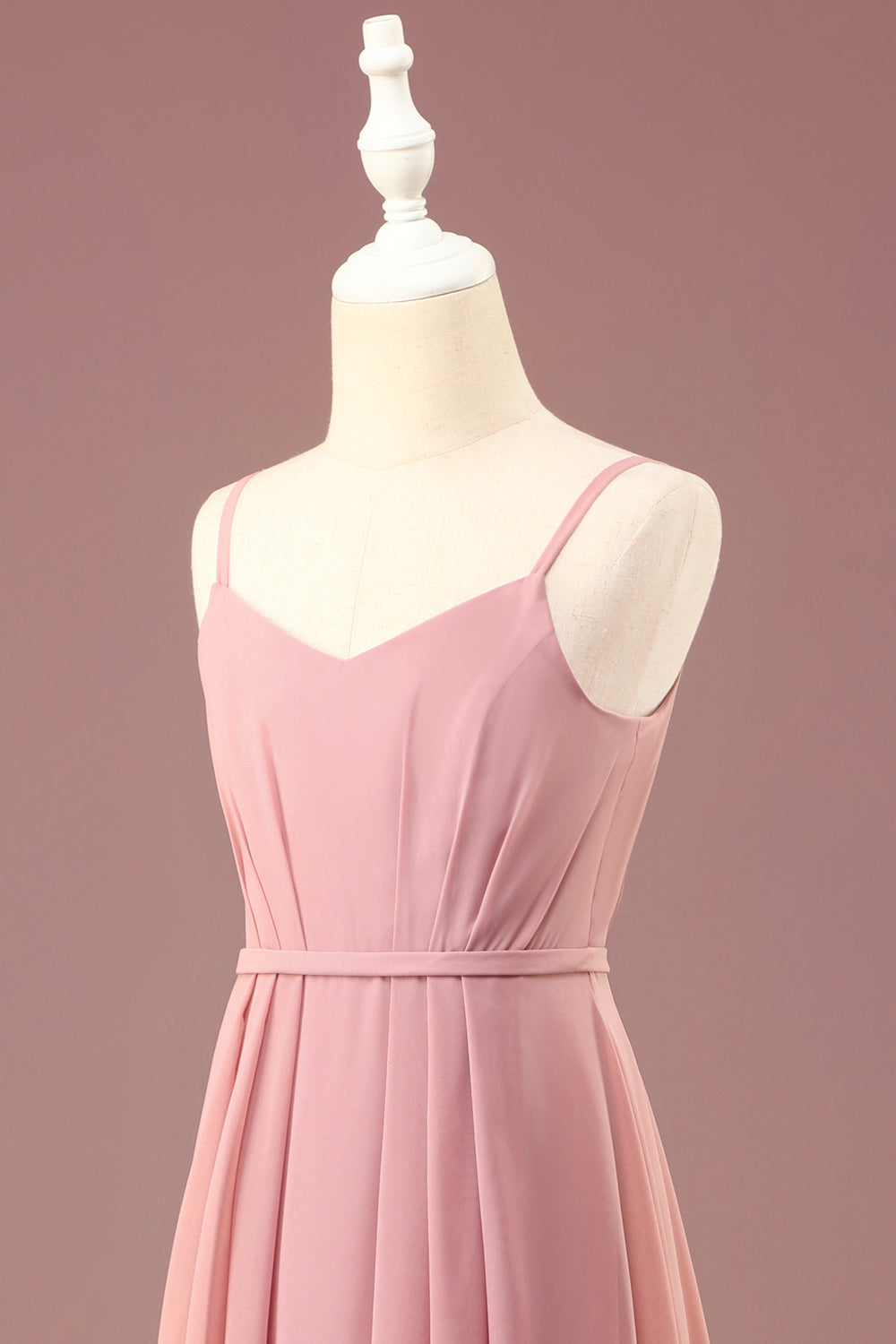 Dusty Rose A-line Spaghetti Straps Long Pleated Chiffon Junior Bridesmaid Dress