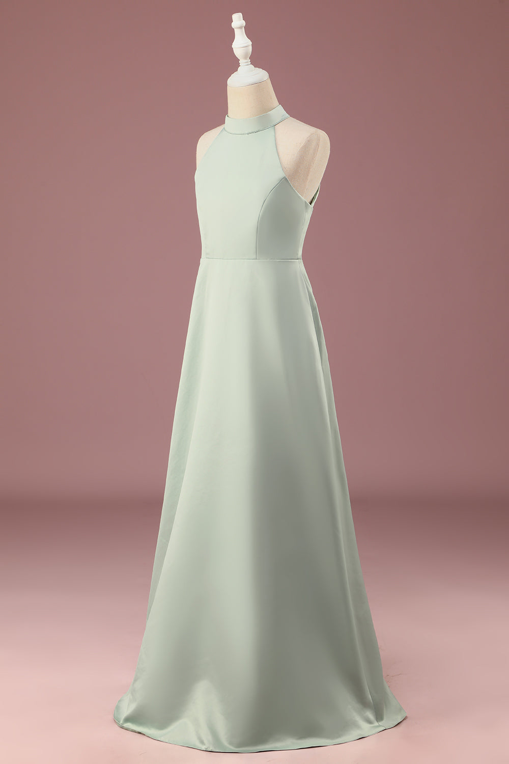 Matcha A-line Halter Sleeveless Long Satin Junior Bridesmaid Dress