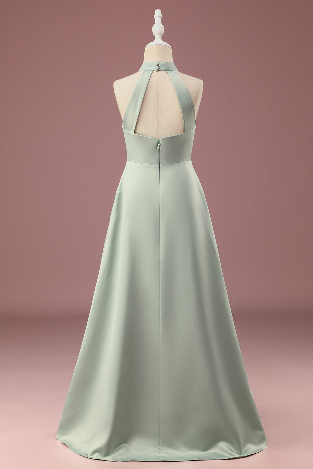 Matcha A-line Halter Sleeveless Long Satin Junior Bridesmaid Dress
