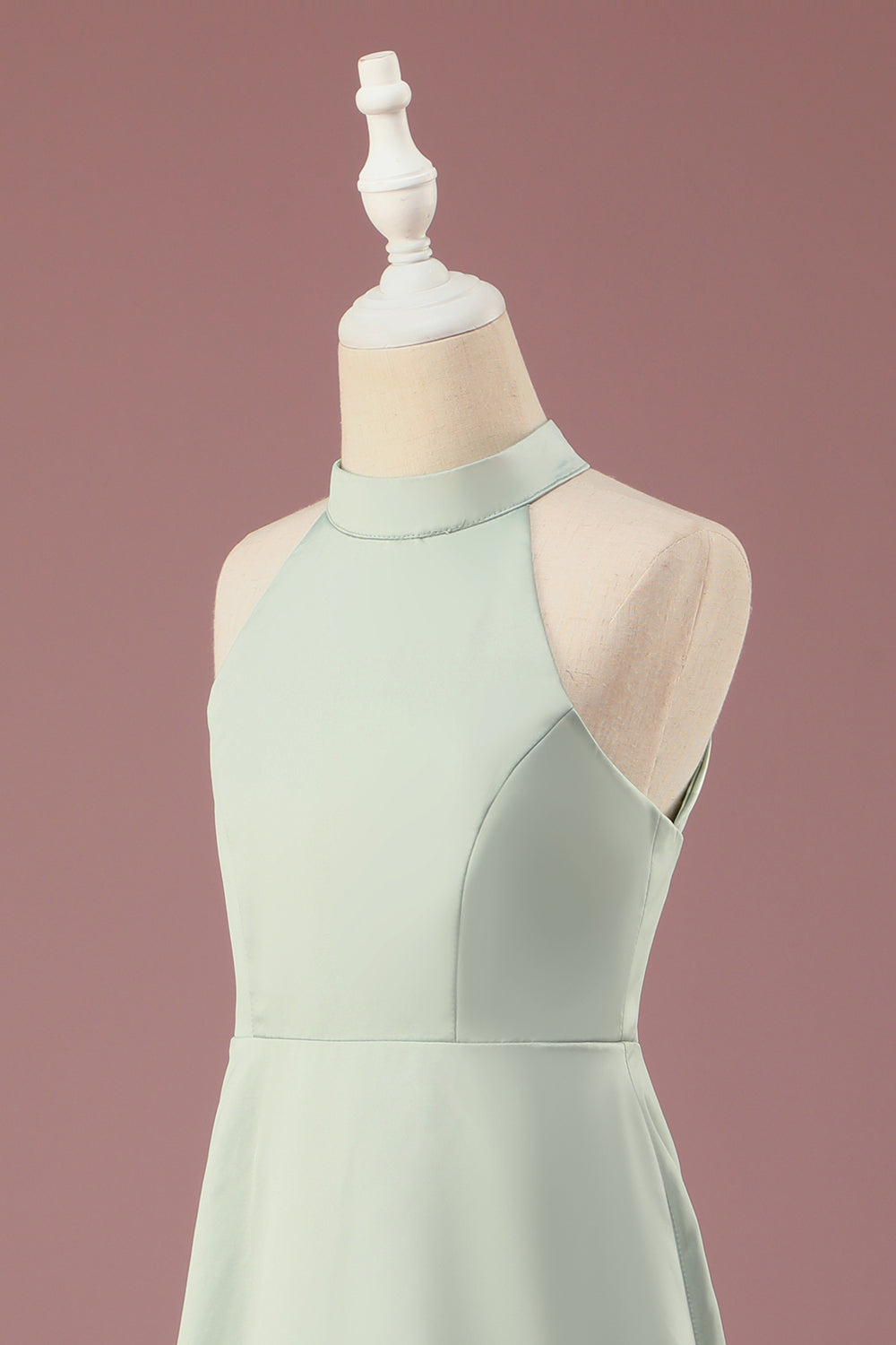 Matcha A-line Halter Sleeveless Long Satin Junior Bridesmaid Dress