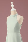 Matcha A-line Halter Sleeveless Long Satin Junior Bridesmaid Dress