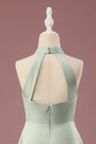 Matcha A-line Halter Sleeveless Long Satin Junior Bridesmaid Dress