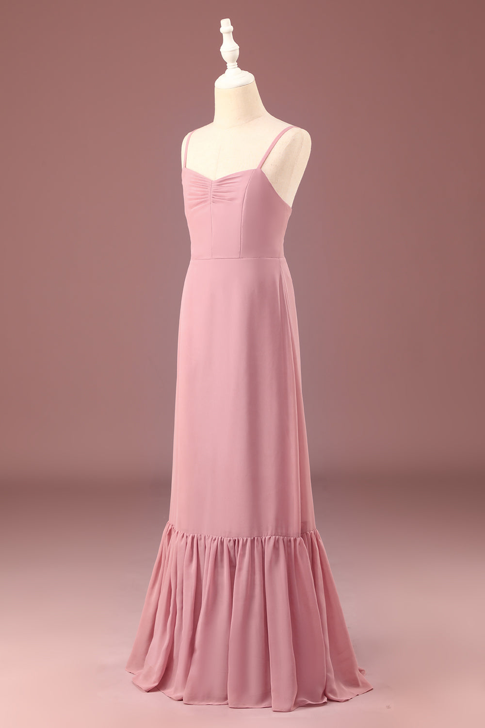 Dusty Rose A-Line Spaghetti Straps Chiffon Long Junior Bridesmaid Dress