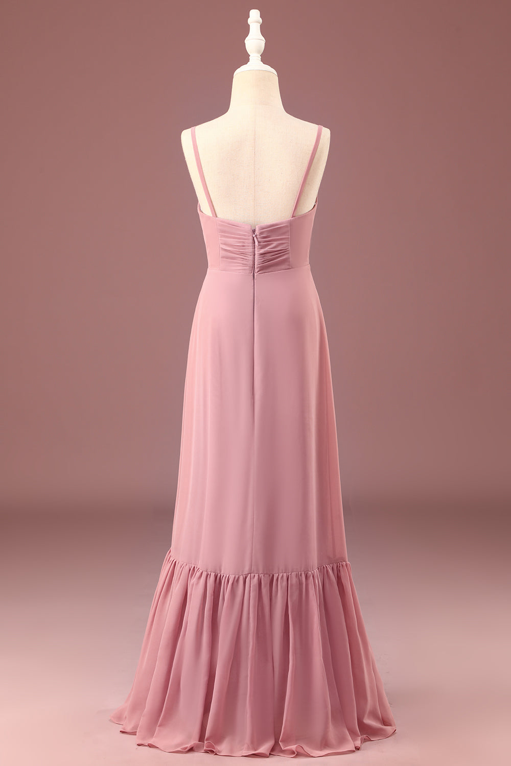 Dusty Rose A-Line Spaghetti Straps Chiffon Long Junior Bridesmaid Dress