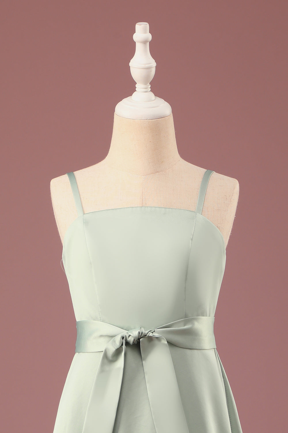Matcha A-line Spaghetti Straps Long Satin Junior Bridesmaid Dress