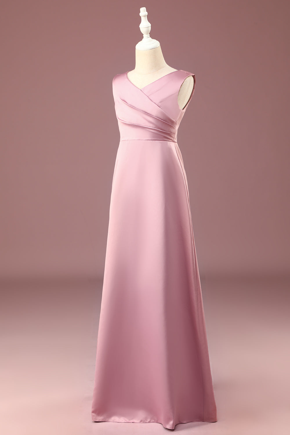 Dusty Rose A-line V-Neck Pleated Long Satin Junior Bridesmaid Dress