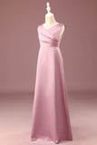 Dusty Rose A-line V-Neck Pleated Long Satin Junior Bridesmaid Dress