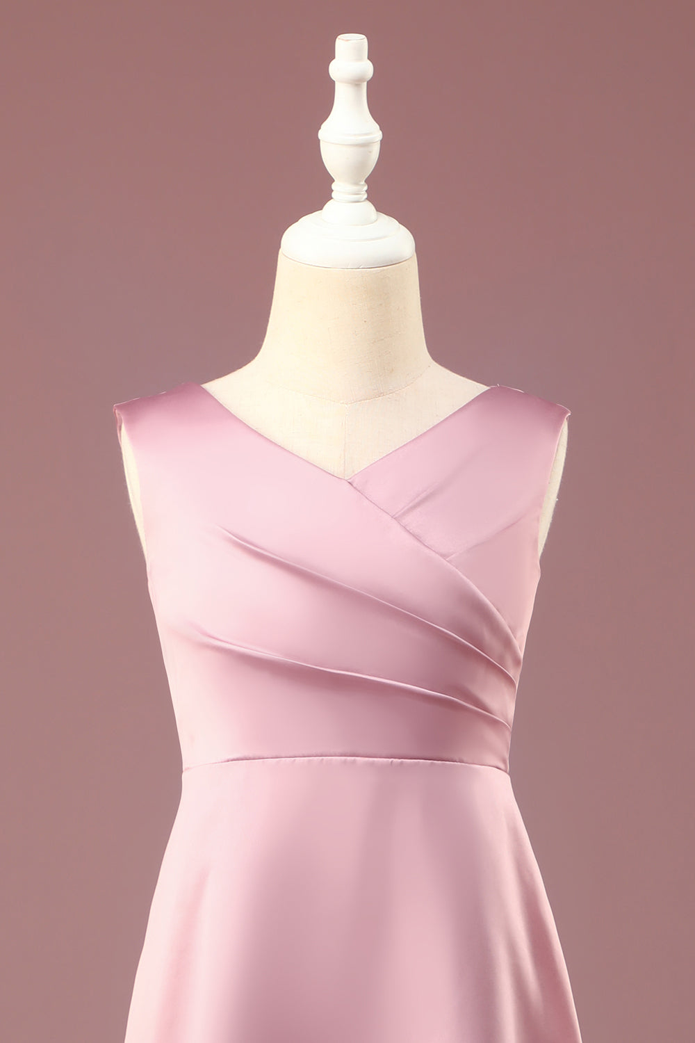 Dusty Rose A-line V-Neck Pleated Long Satin Junior Bridesmaid Dress