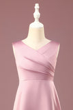 Dusty Rose A-line V-Neck Pleated Long Satin Junior Bridesmaid Dress