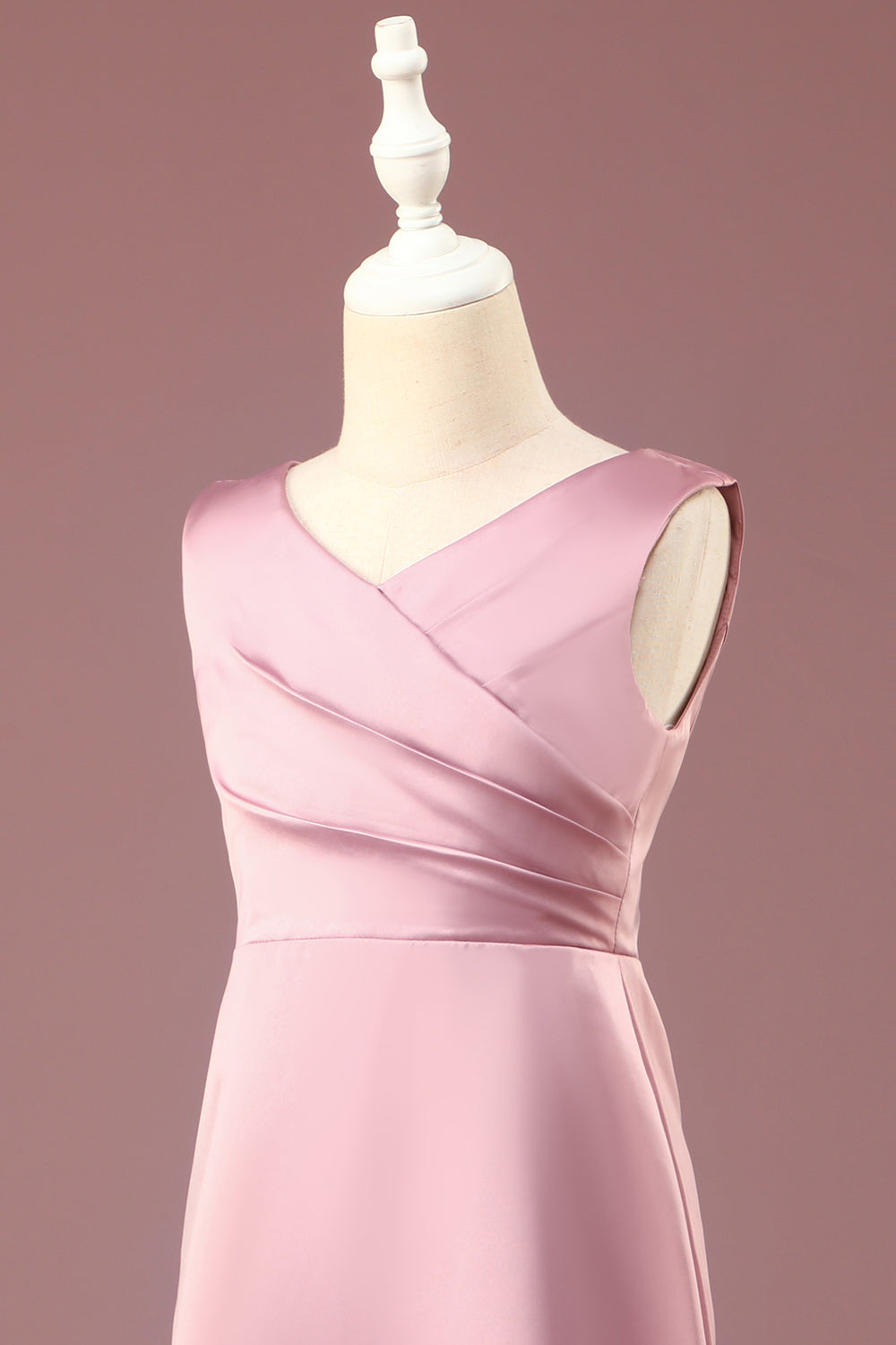 Dusty Rose A-line V-Neck Pleated Long Satin Junior Bridesmaid Dress