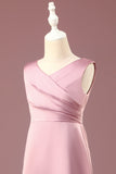 Dusty Rose A-line V-Neck Pleated Long Satin Junior Bridesmaid Dress