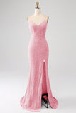 Black Mermaid Spaghetti Straps V-Neck Sequin Long Ball Dress With Split