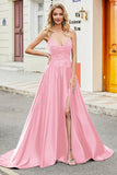 Fuchsia A Line Spaghetti Straps Long Ball Dress with Appliques