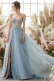 A Line Light Blue Beading Tulle Ball Dress
