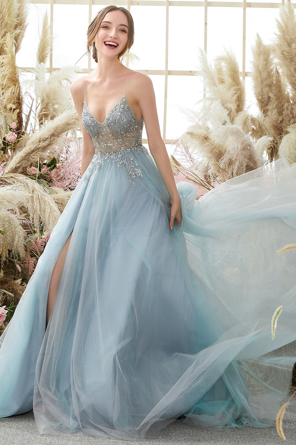 A Line Light Blue Beading Tulle Ball Dress