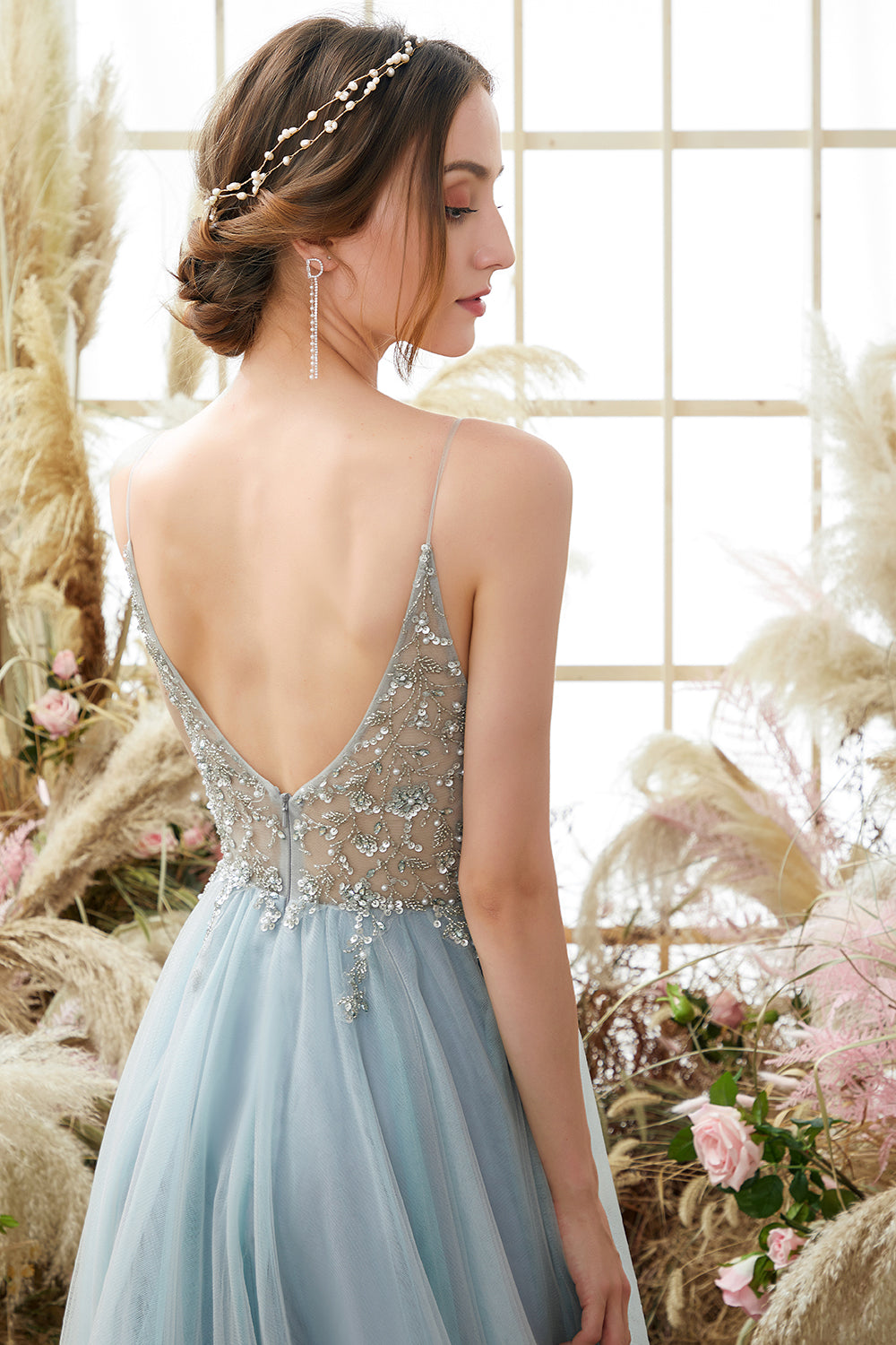 A Line Light Blue Beading Tulle Ball Dress