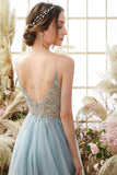A Line Light Blue Beading Tulle Ball Dress
