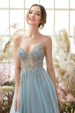 A Line Light Blue Beading Tulle Ball Dress