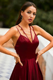 Sexy Long Burgundy Split Satin Formal Dress