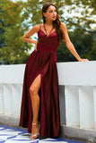 Sexy Long Burgundy Split Satin Formal Dress