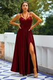 Sexy Long Burgundy Split Satin Formal Dress