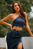 Two Piece Open-Back Navy Ball Dress