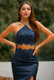 Two Piece Open-Back Navy Ball Dress