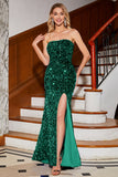 Mermaid Strapless Sequins Long Royal Blue Ball Dress With Slit