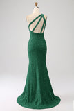Sparkly Orange Mermaid One Shoulder Sequins Ball Dress with Slit