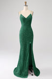 Black Mermaid Spaghetti Straps V-Neck Sequin Long Ball Dress With Split